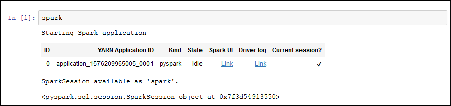 
          系统响应显示 Spark 应用程序状态并输出以下消息：“SparkSession available as 'spark' (SparkSession 用作‘spark’)”。
        