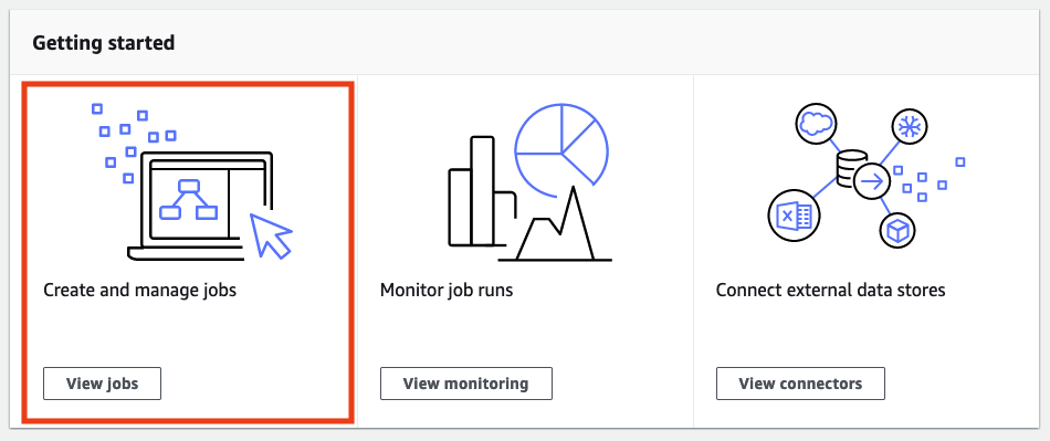 
            屏幕截图显示了 Amazon Glue Studio 登录页面，并突出显示 Create and manage jobs（创建和管理任务）部分。
          