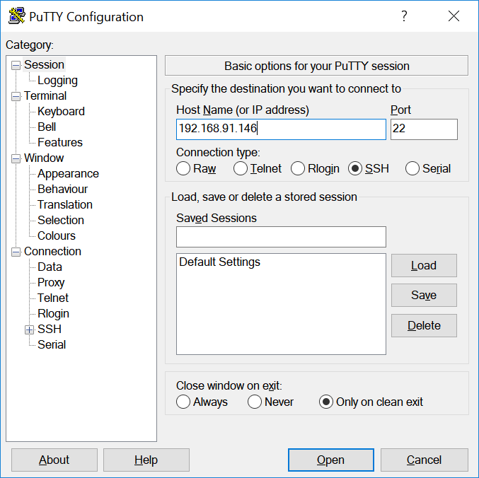 
                            PuTTY 窗口，“Host Name (or IP address) (主机名 (或 IP 地址))”字段中包含 IP 地址。
                        