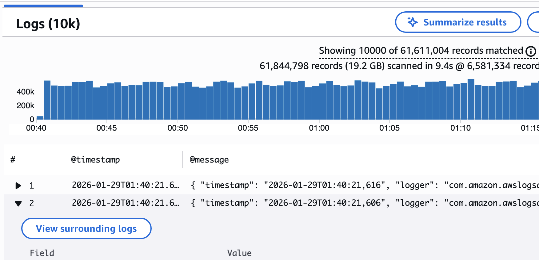 The Surrounding logs option on a query result record in CloudWatch Logs Insights.