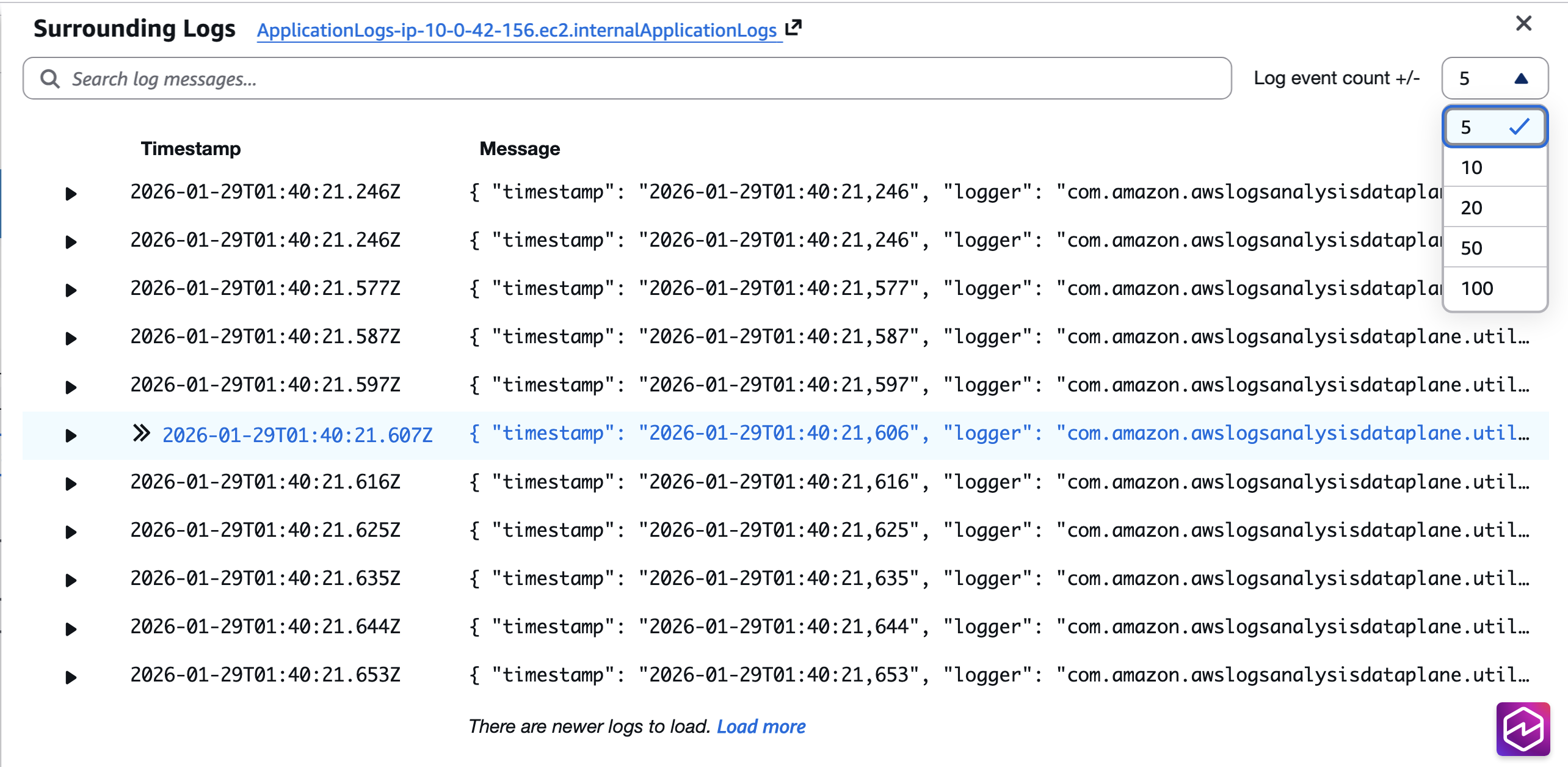 Configuring the number of surrounding log events to display above and below the selected record.