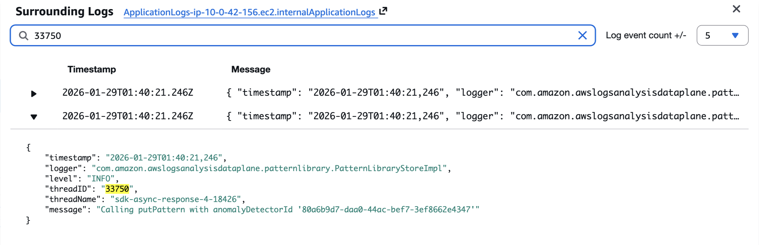 Searching for keywords within the surrounding logs panel, with highlighted matches and navigation controls.