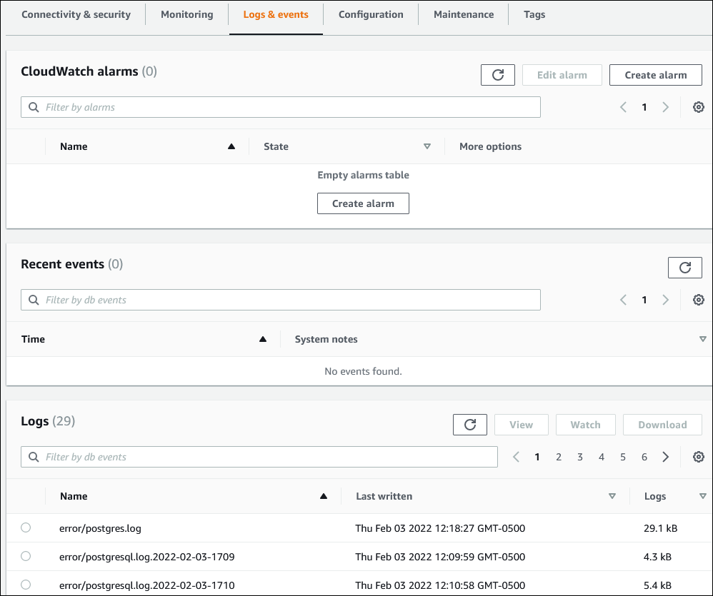 Logs and events page.