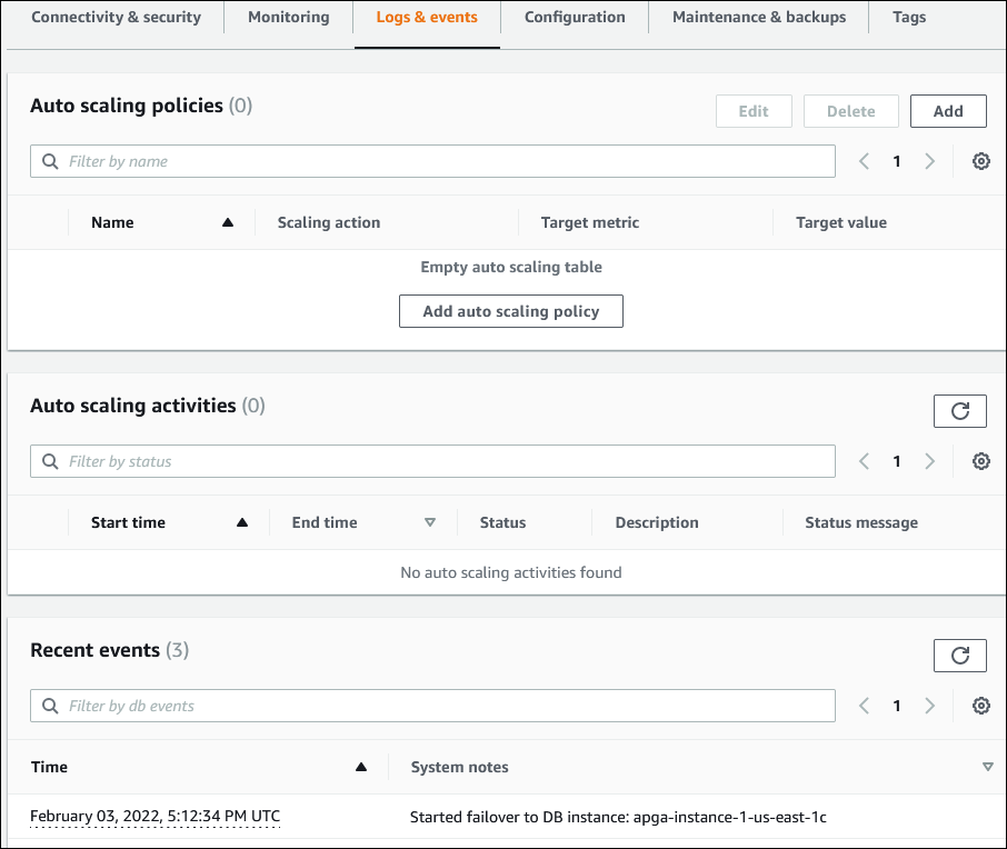 Database page with Logs & events tab shown.
