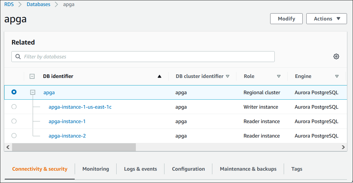 Database page with monitoring tab shown.