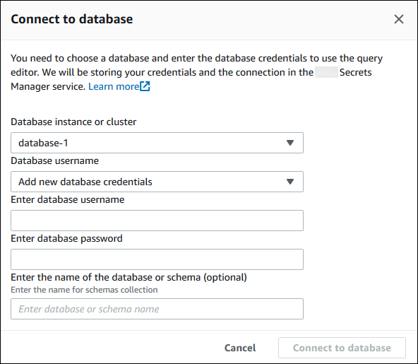 Query editor Connect to database page.
