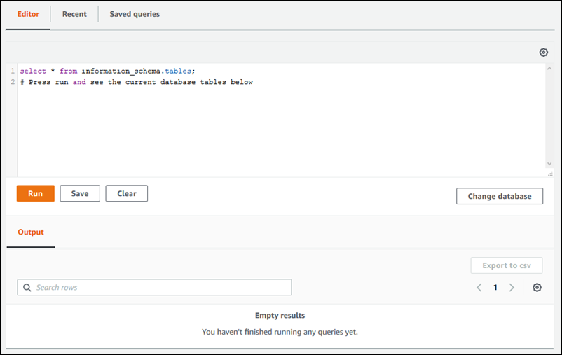 Query editor with a SQL statement in the text area.