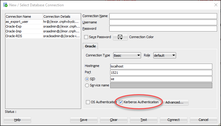 The Database Connection dialog in Oracle SQL Developer with Kerberos Authentication selected.