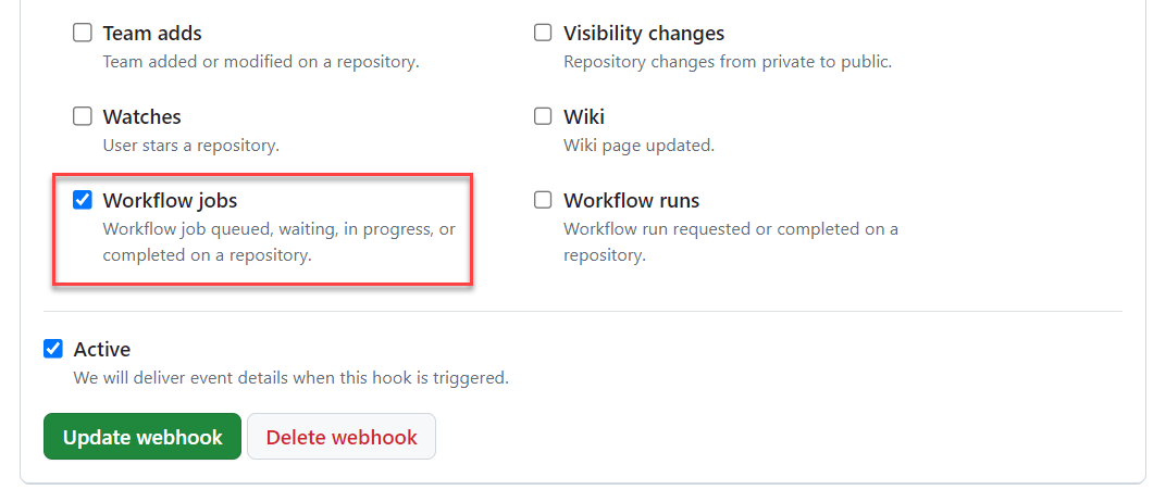 Workflow job events are enabled in your webhook.