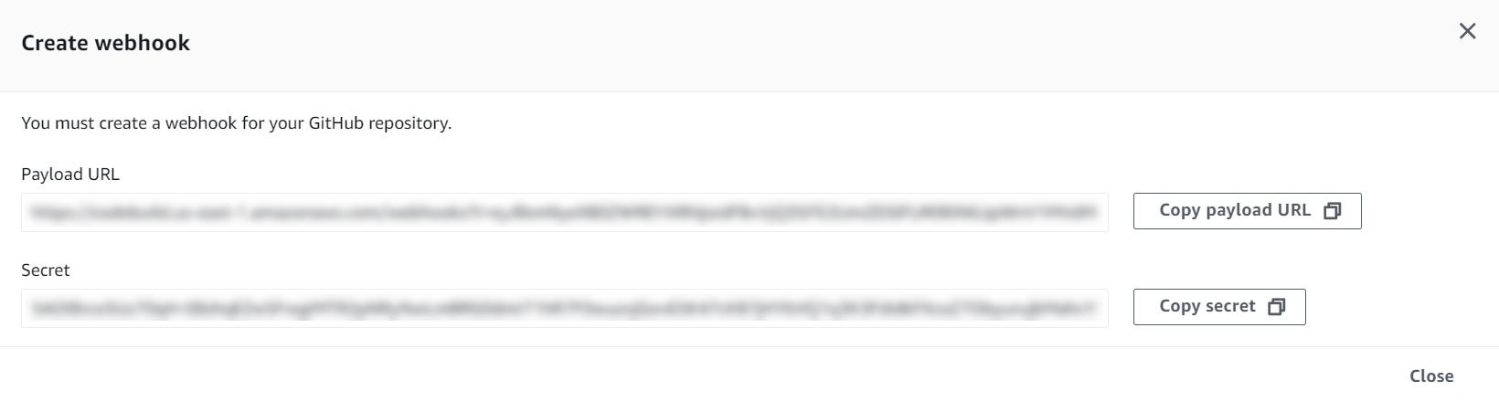 Payload URL and Secret configuration for manual webhooks.