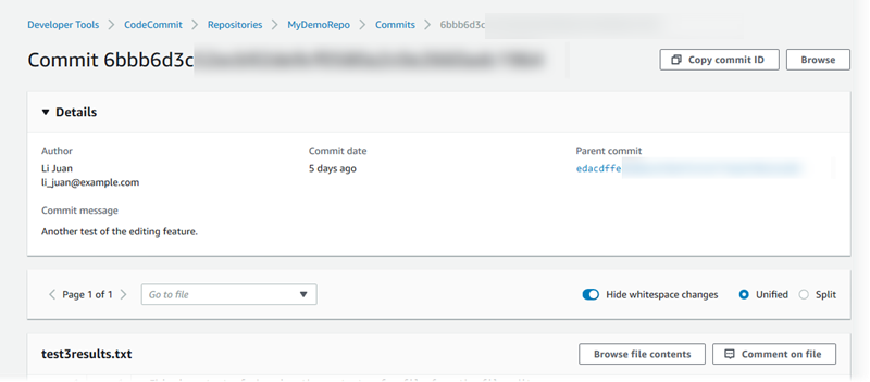 Choose the abbreviated commit ID to show differences between this commit and its parent