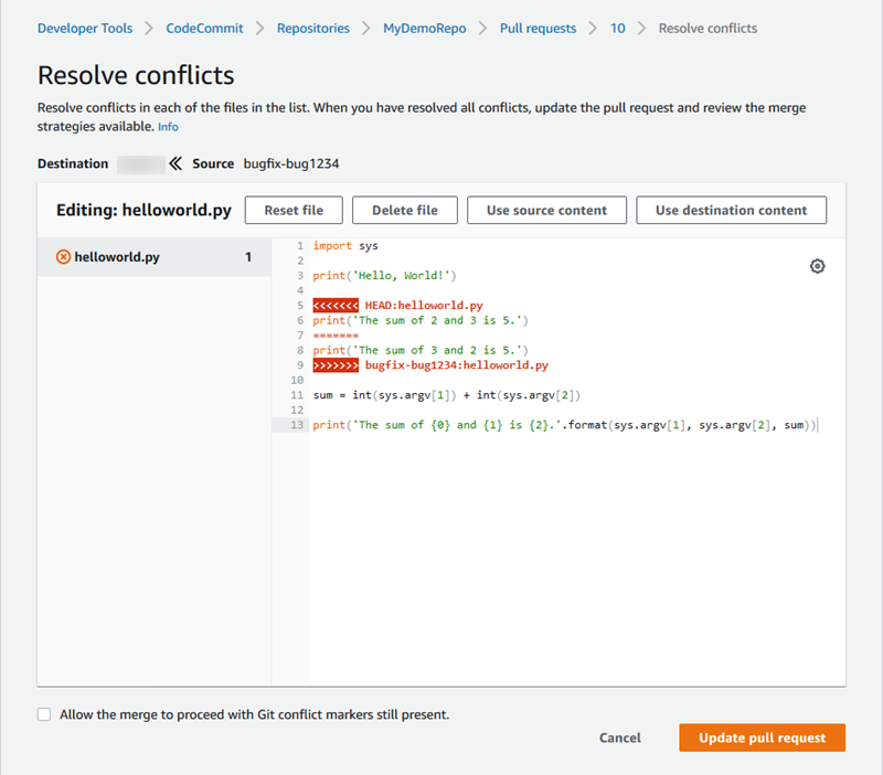 The conflict resolution editor showing a file with conflicts that have not yet been resolved.