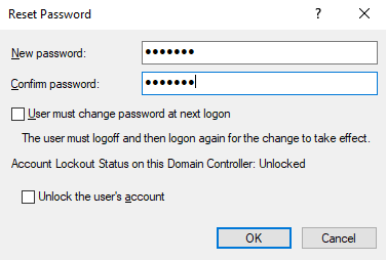 Reset Password dialog with password fields, checkbox options, and OK and Cancel buttons.
