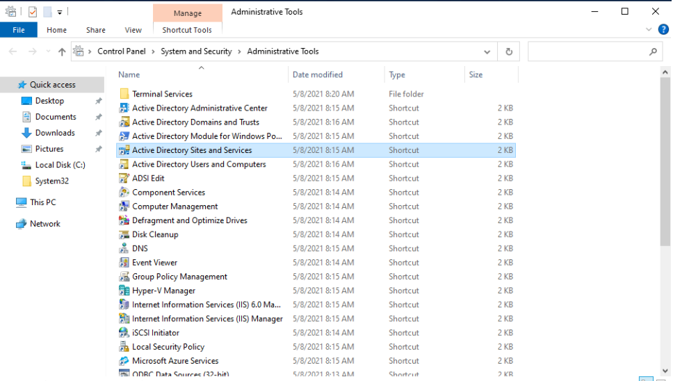 Administrative Tools folder showing Active Directory Sites and Services among other shortcuts.