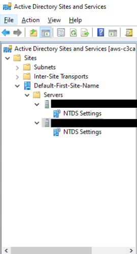 Active Directory Sites and Services console showing expanded Servers node with NTDS Settings.