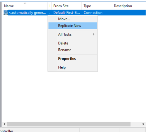 Context menu with Replicate Now option highlighted for a connection in NTDS Settings.