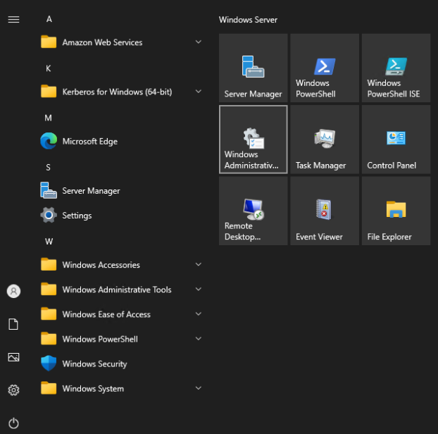 Windows Start menu showing Windows Administrative Tools folder expanded with system tools.
