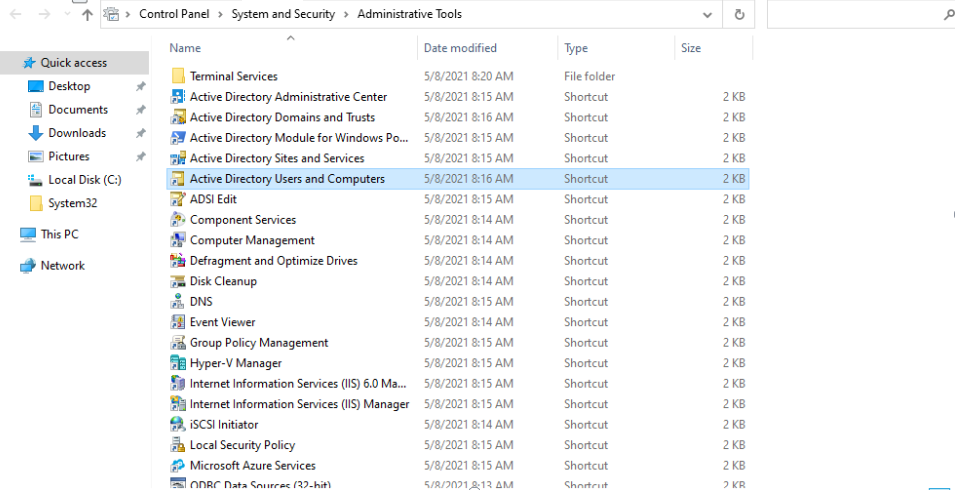 Windows Administrative Tools folder showing Active Directory Users and Computers shortcut.