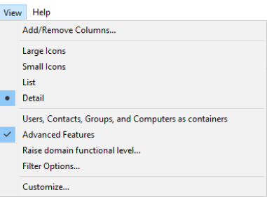View menu with Advanced Features option selected.