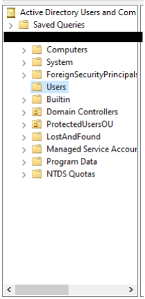 Active Directory Users and Computers navigation tree with Users folder highlighted.