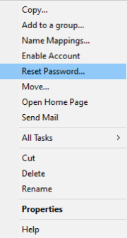 Context menu with Reset Password option highlighted.
