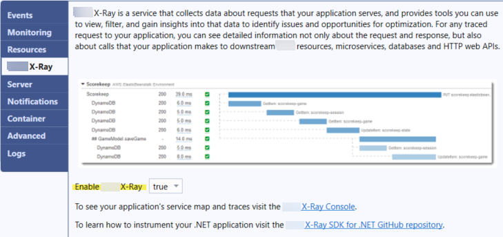 Screenshot of Amazon X-Ray configuration panel in Visual Studio Toolkit for Elastic Beanstalk