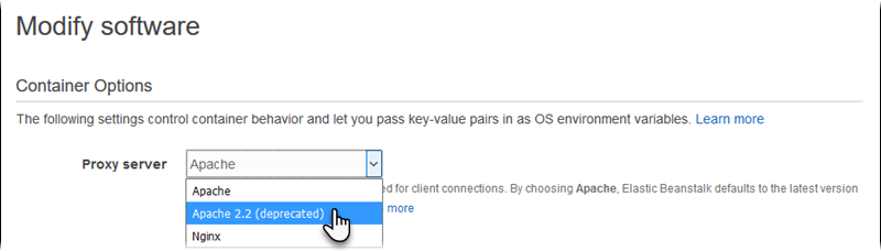Choosing the proxy for a Tomcat environment in the Elastic Beanstalk console's software configuration category