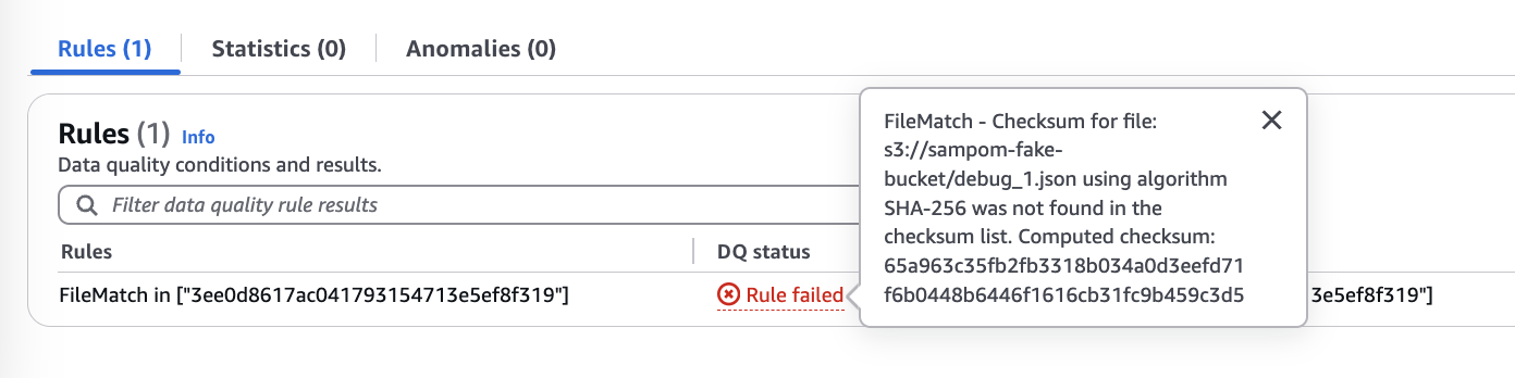 The screenshot shows a rule with the DQ status of Rule failed. FileMatch explains the failure.