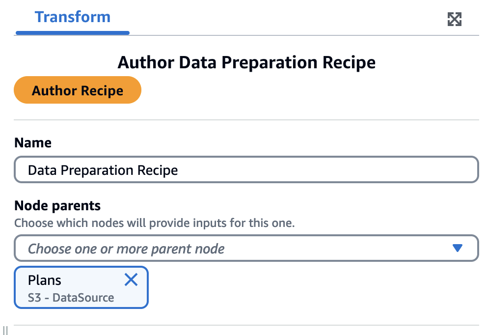 Author Recipe interface showing Name field, Node parents dropdown, and Plans S3 DataSource selected.