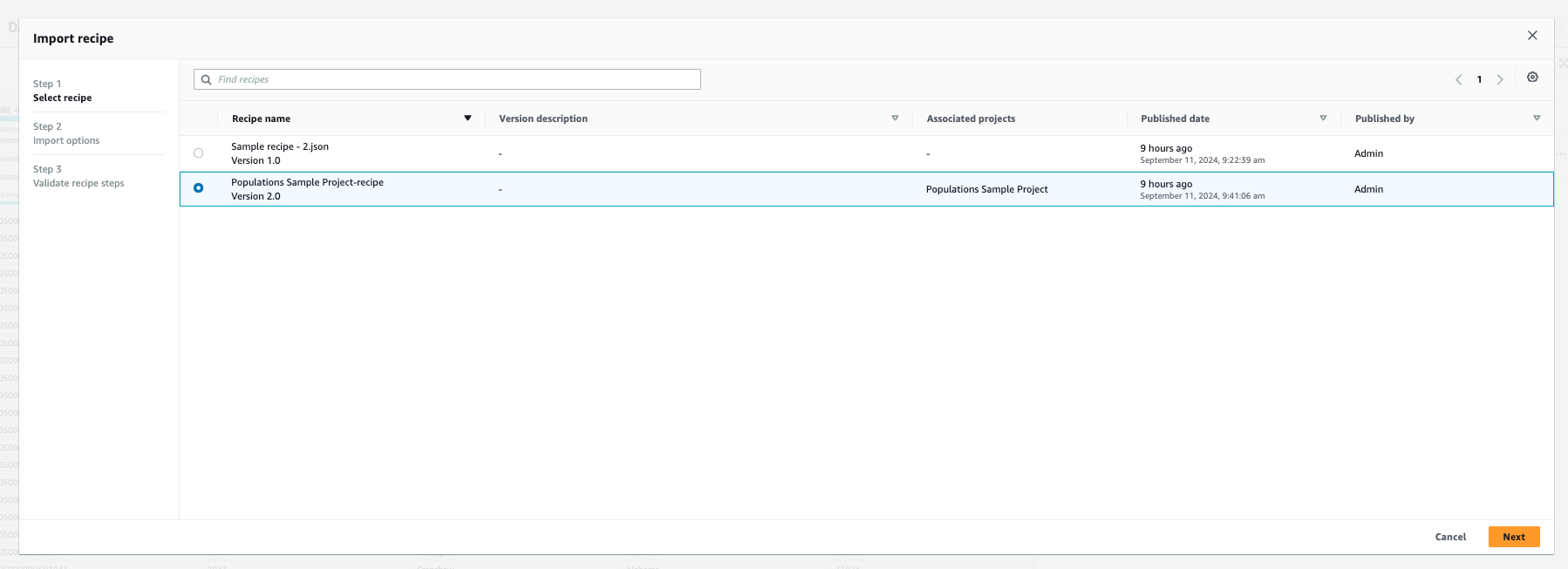 Import recipe wizard showing step 1 with Populations Sample Project-recipe selected from list.