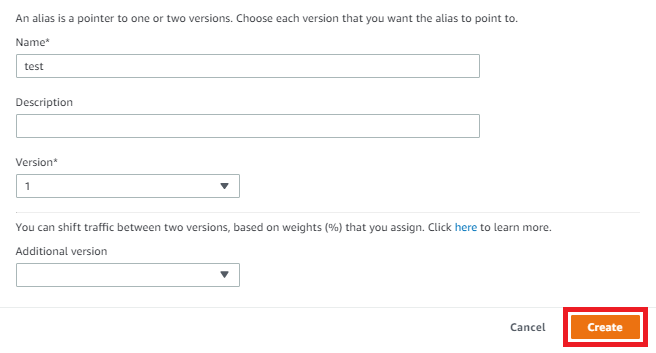 The Create a new alias page with Create highlighted.
