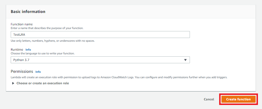 The Create function page with Create function highlighted.