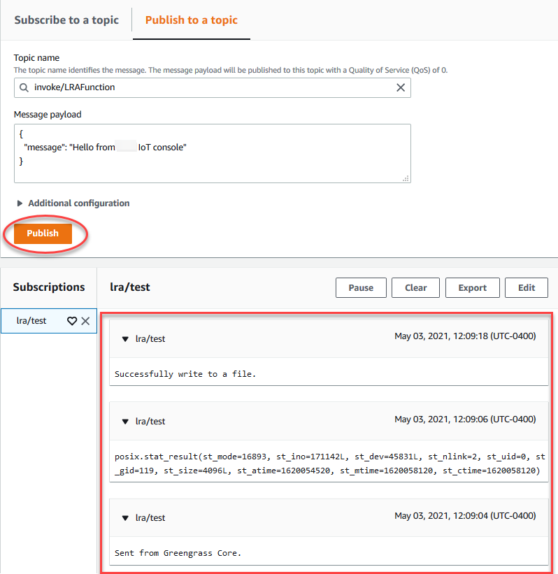 The Subscriptions page with the invoke/LRAFunction topic and Publish to topic highlighted, and test results with message data.