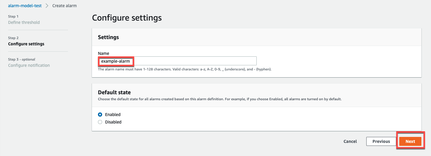 "Configure settings" screen with "Name" field highlighted.