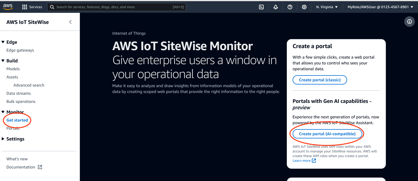 The Amazon IoT SiteWise Monitor Getting started page with Create portal highlighted.