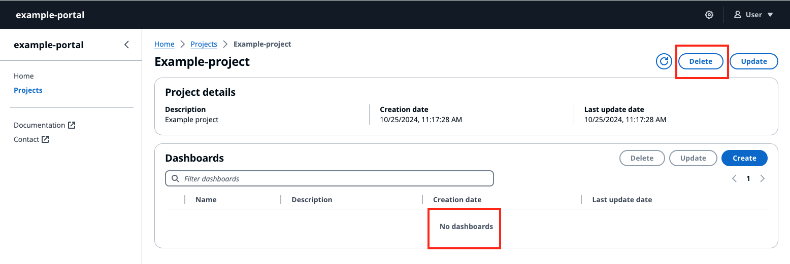 The IoT dashboard Project details page with Delete highlighted.