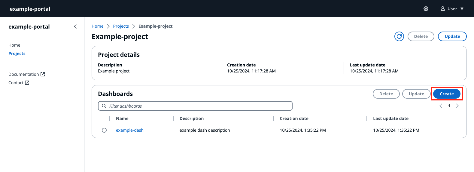 The IoT dashboard Create dashboard page with Create highlighted.