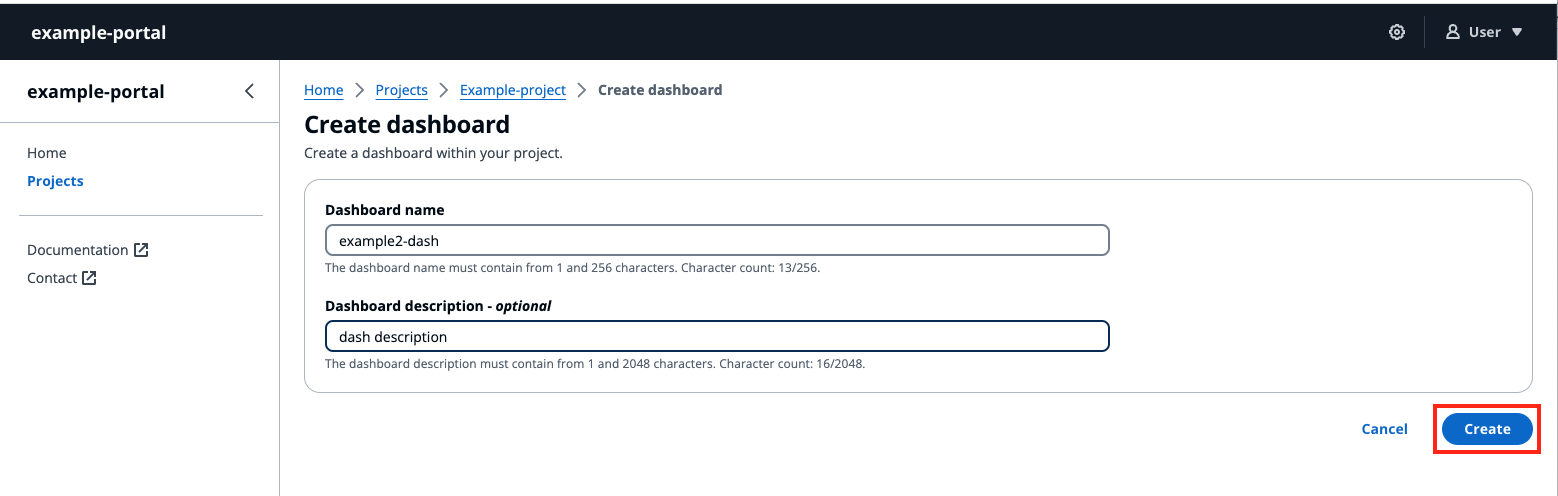 The IoT dashboard Create dashboard page with Create highlighted.