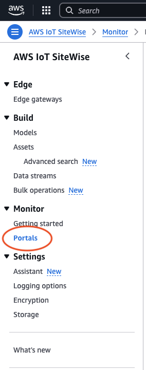 Left navigation pane in the Amazon IoT SiteWise console with Portals highlighted.
