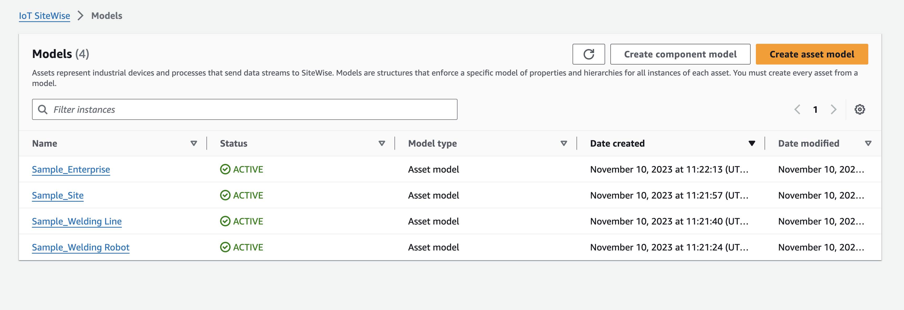 Amazon IoT SiteWise models with asset and asset models.