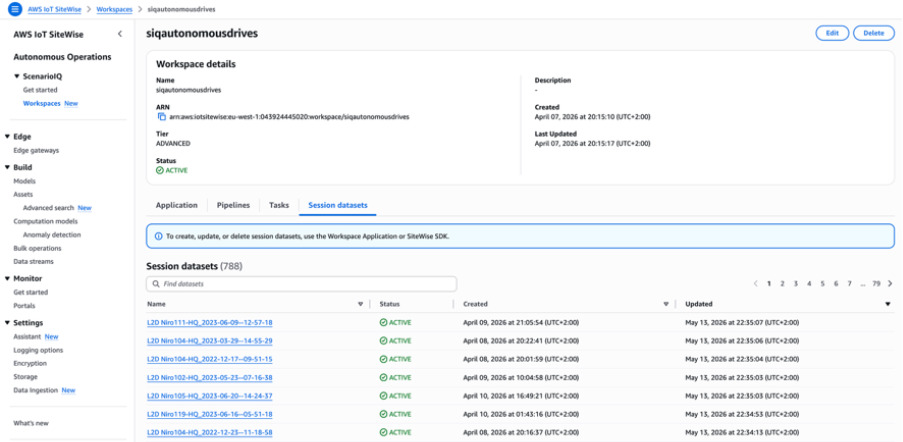 Session datasets showing active ingested recordings