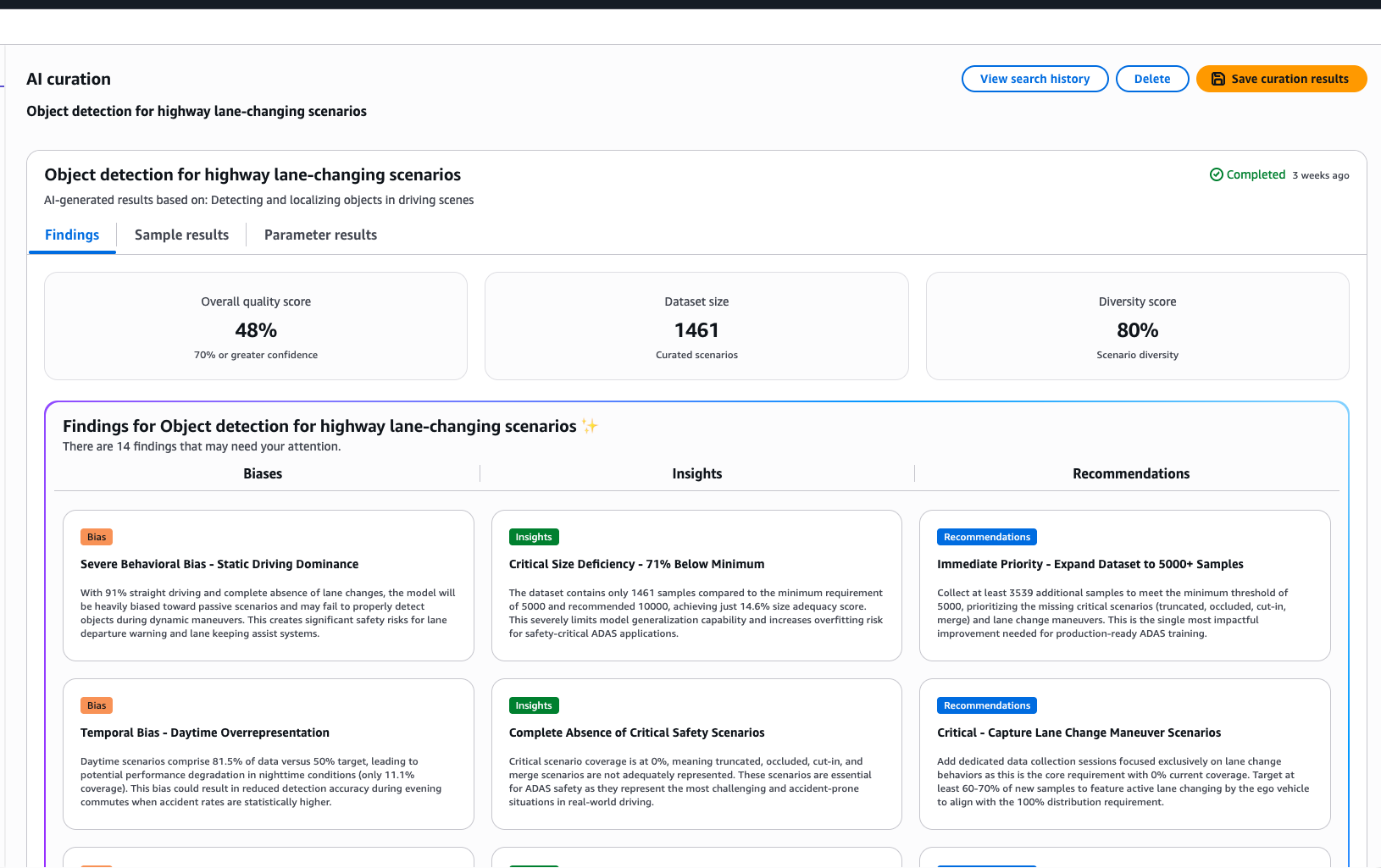 Curated results with quality score and diversity metrics