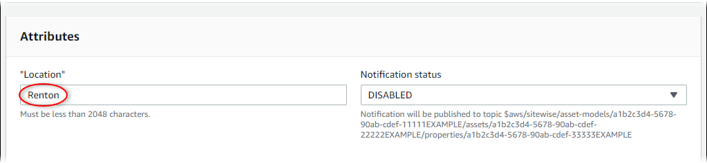 Amazon IoT SiteWise "Edit asset" page screenshot with an attribute value highlighted.