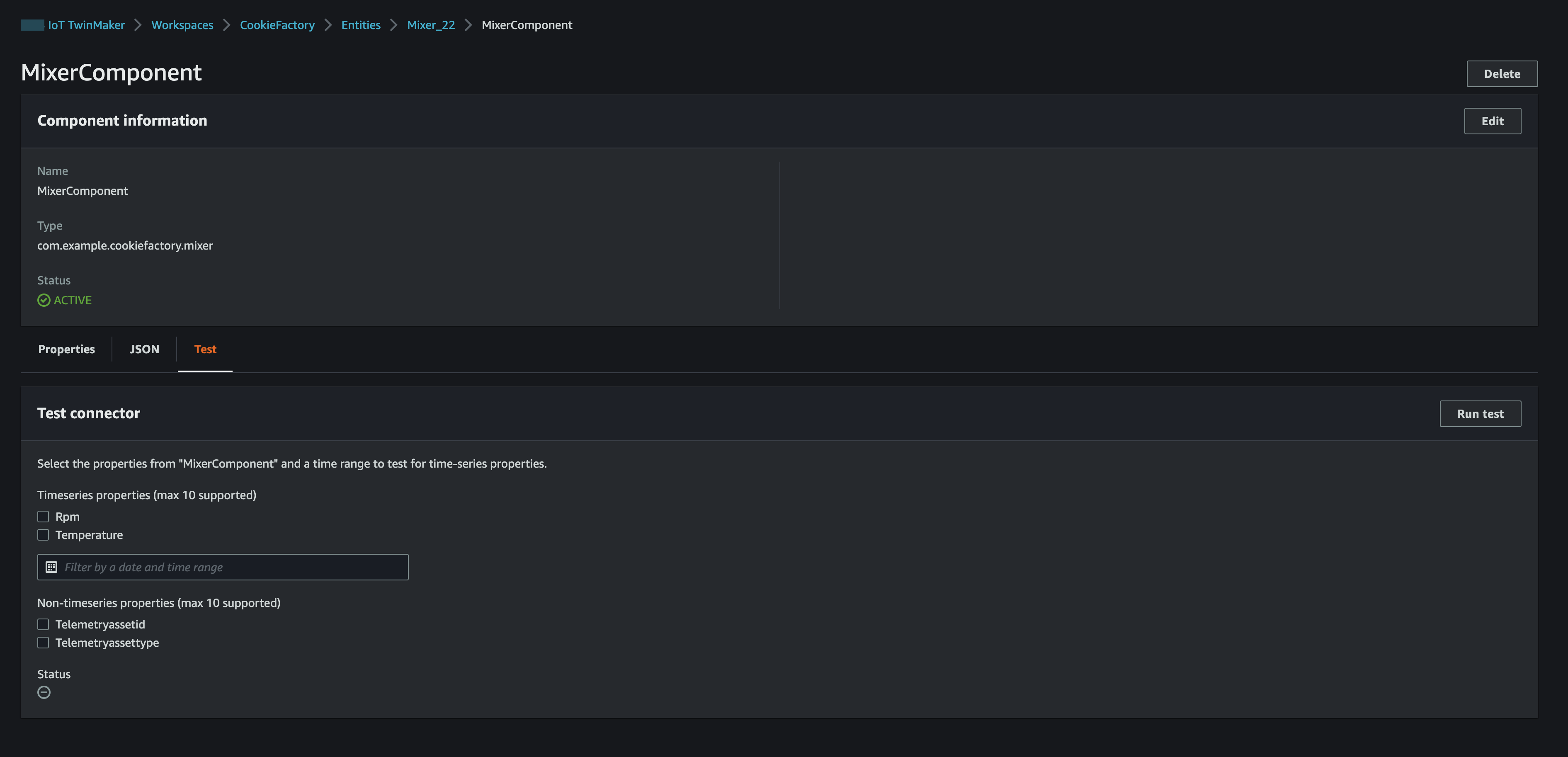 A TwinMaker Component information console page shows the component's name, type, status, and so on.