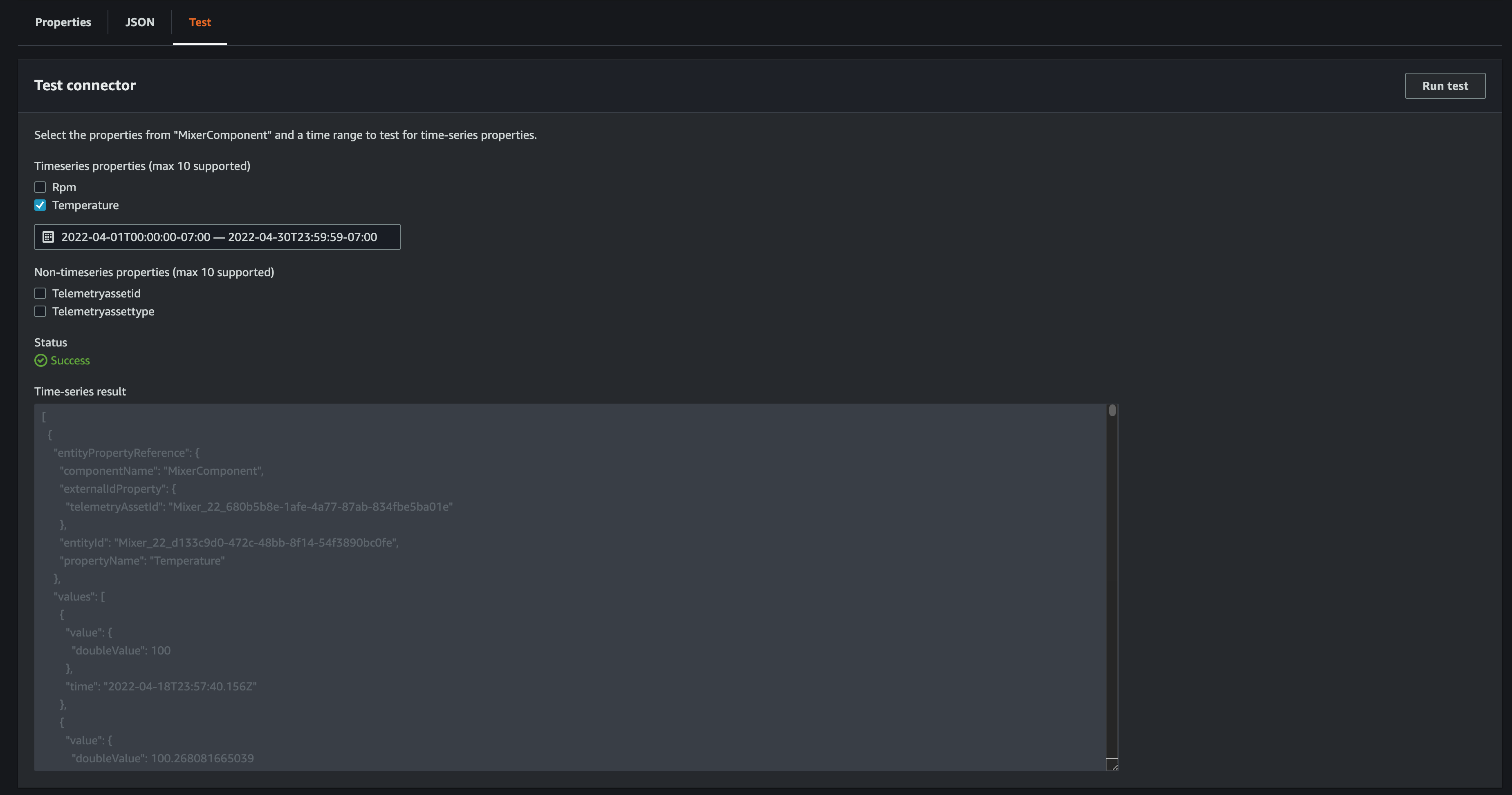 A portion of a TwinMaker Component information console page showing a component's test.