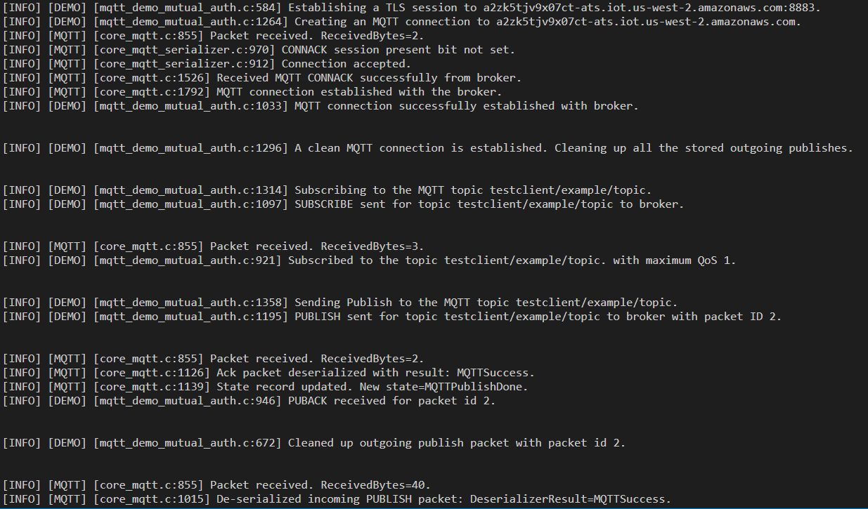 Command line output for running the Amazon IoT Device SDK for Embedded C sample application.