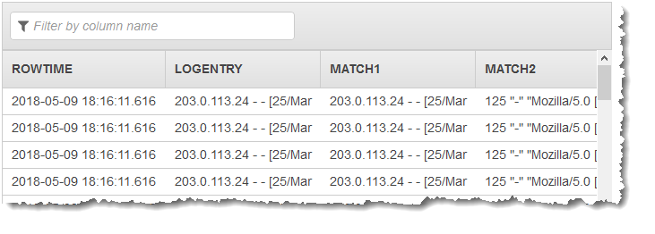 Console screenshot showing the resulting data table with ROWTIME, LOGENTRY, MATCH1, and MATCH2 columns.