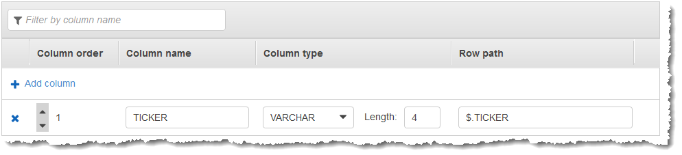Console screenshot showing the in-application schema with a ticker column.