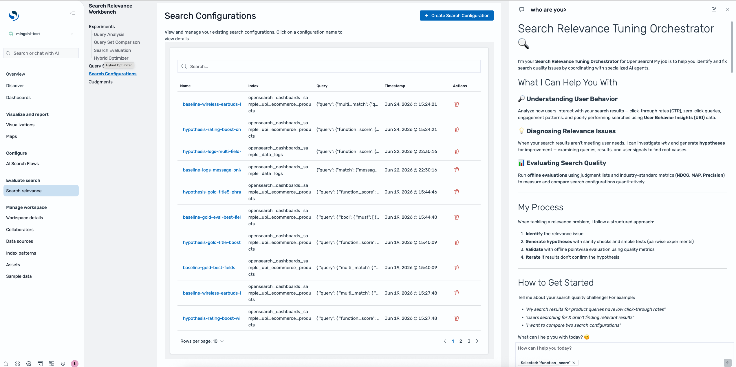 The Search Relevance Workbench showing search configurations, experiments navigation, and the AI Assistant chat panel.