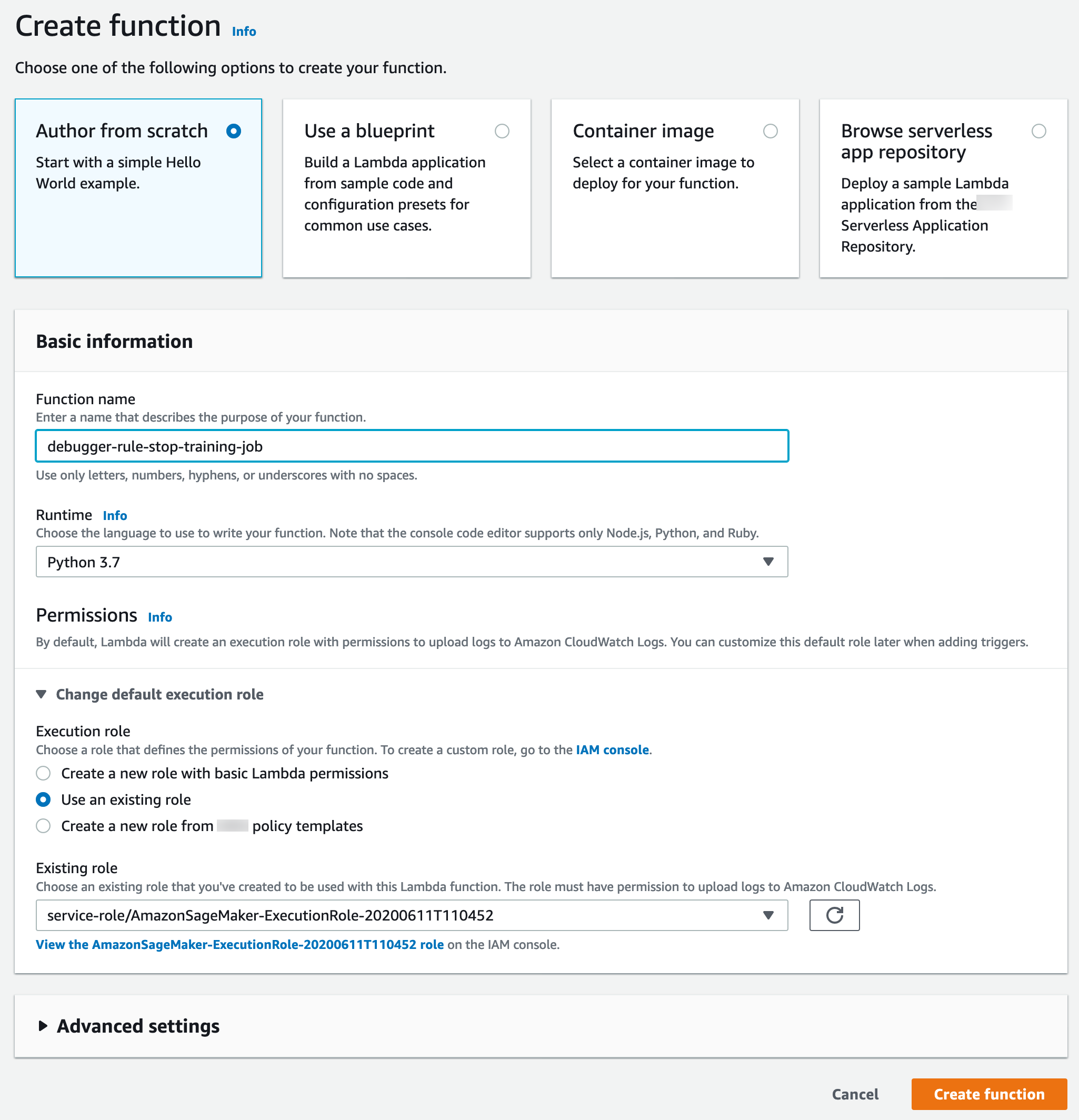 Create Function page.